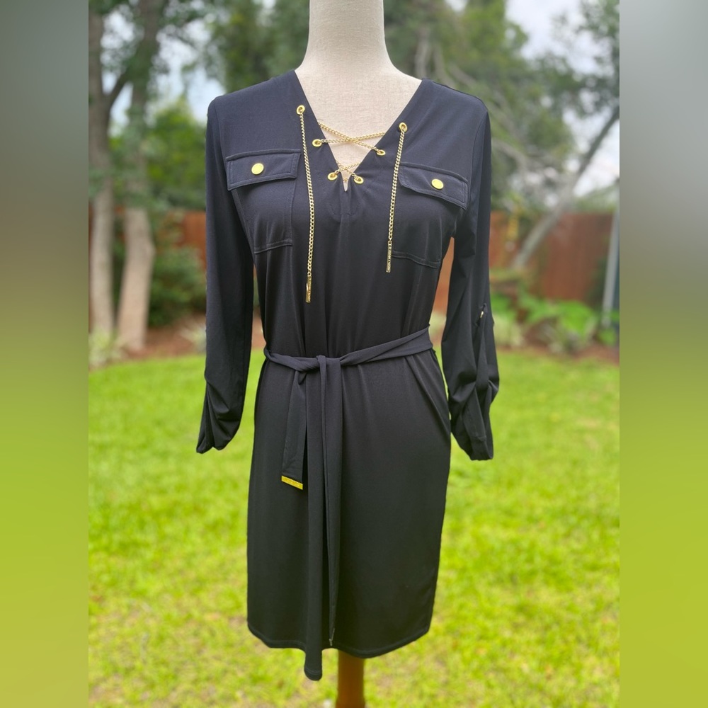 Michael Kors Black Gold-Accent Lace-Up Belted Dress